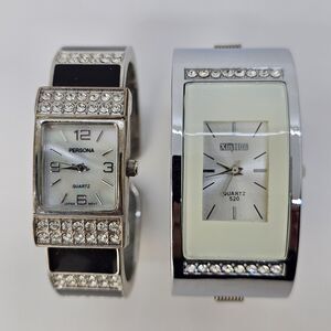 2X Women's Cuff Watch 19MM & 26MM Case Silver Tone 5.5" Wrist New Battery